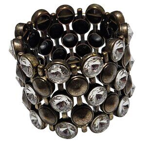 Vintage Stacked Stretch Bracelet Clear Rhinestones Antique Brass Setting Jewelry